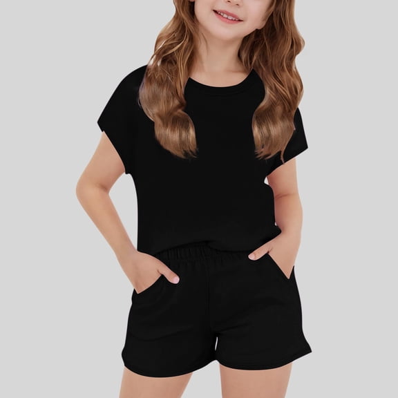 qolati Girls Two Piece Sets Crewneck Short Sleeve Tshirts and Elastic Waist Workout Shorts with Pockets Kids Girls Summer Outfits Size 5-13