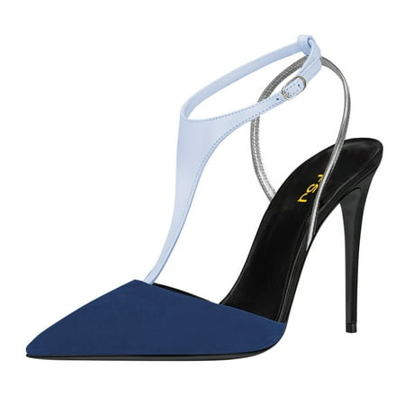 FSJ Women Sexy Stiletto High Heels Pumps Pointy Close Toe D Orsay Slingback T-Strap Buckle Slide Sandals Casual Work Formal Shoes Size 16 Blue