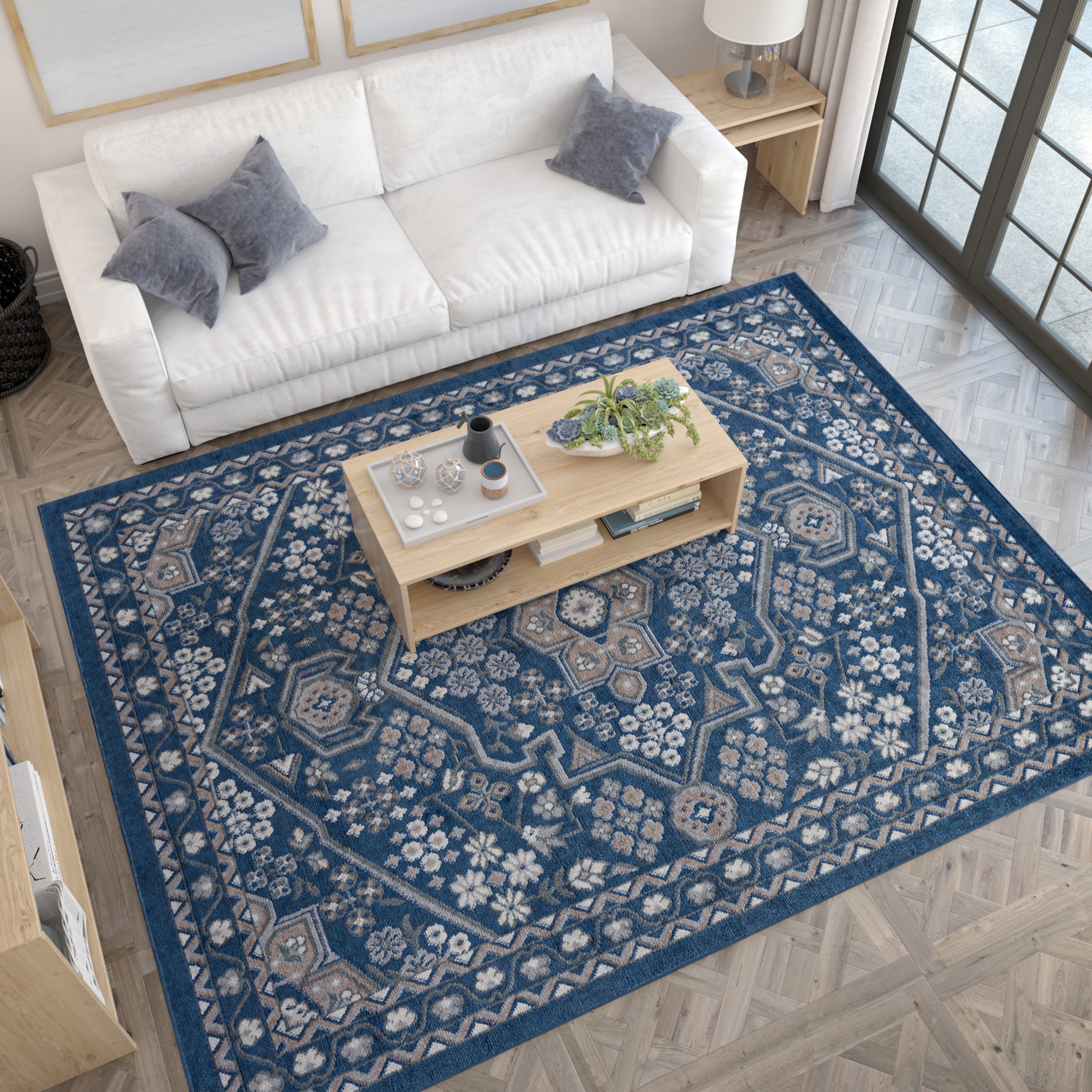 Hampton Traditional 9' x 12.6' Navy and Gray Polypropylene Indoor Area Rug