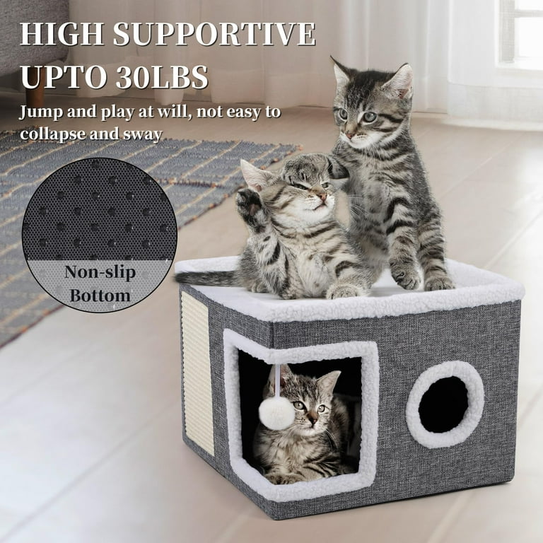 ZXMT Cat Beds for Indoor Cats,Large Cat House for Pet Cat Cave with Scratch Pad and Fluffy Hanging Ball,Foldable Cat Cube Hideaway,Grey ZXMT Cat Beds for Indoor Cats,Large Cat House for Pet Cat Cave with Scratch Pad and Fluffy Hanging Ball,Foldable Cat Cube Hideaway,Grey