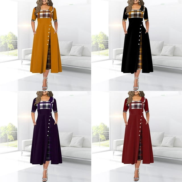 Robe Femme à Manches Mi-Longues, Imprimé à Carreaux, Détail Boutons, Robe Maxi, Taille Haute, Col Élégant, Robe à Grande Ampleur