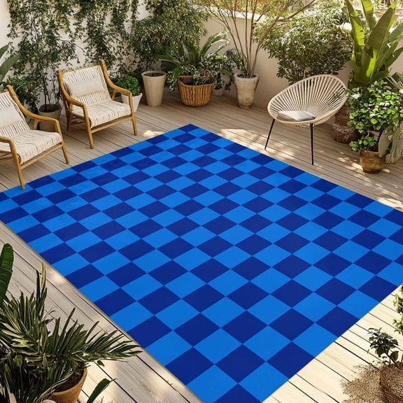 Fsddascl Blue Checkered Plaid Outdoor Rug for Patio/Deck/Porch, Non-Slip Large Area Rug 4 x 6 Ft, Farmhouse Buffalo Plaid Indoor Outdoor Rugs Washable Area Rugs, Reversible Camping Rug Carpet Runner