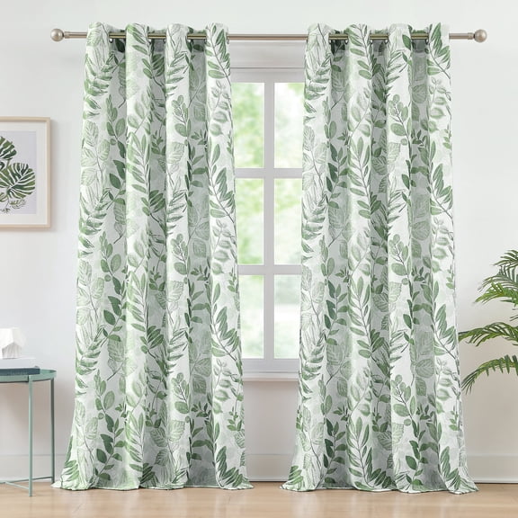 Bohogeo Linen Curtains for Living Room 84 inch Length Leaf Print Botanical Sheer Curtains Natural Texture Soft Touch Light Filtering Privacy Protect Drapes, Green, 55" Wide, Set of 2 Panel