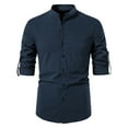 thumbnail image 2 of IROINNID Plain Long Sleeve Shirts for Men Comfy Spring And Summer Cotton Linen Shirt Stand Collar Shirt,Navy, 2 of 9