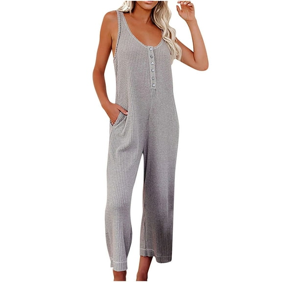 Staron Summer Jumpsuits for Women Casual Strap Sleeveless Loose Solid Jumpsuit, Gray M