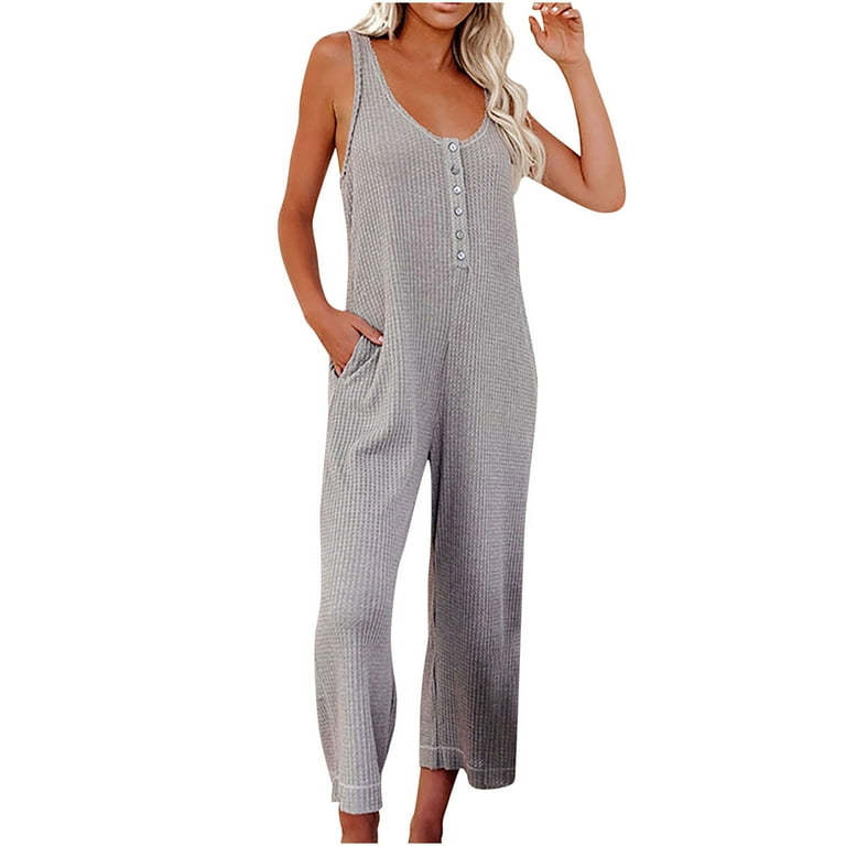 Summer Jumpsuit for Women Casual Solid Buttons Sleeveless Wide Leg
