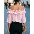 thumbnail image 6 of Women'S Off Shoulder Ruffle Short Sleeve Chiffon Blouse Pink XXL, 6 of 7