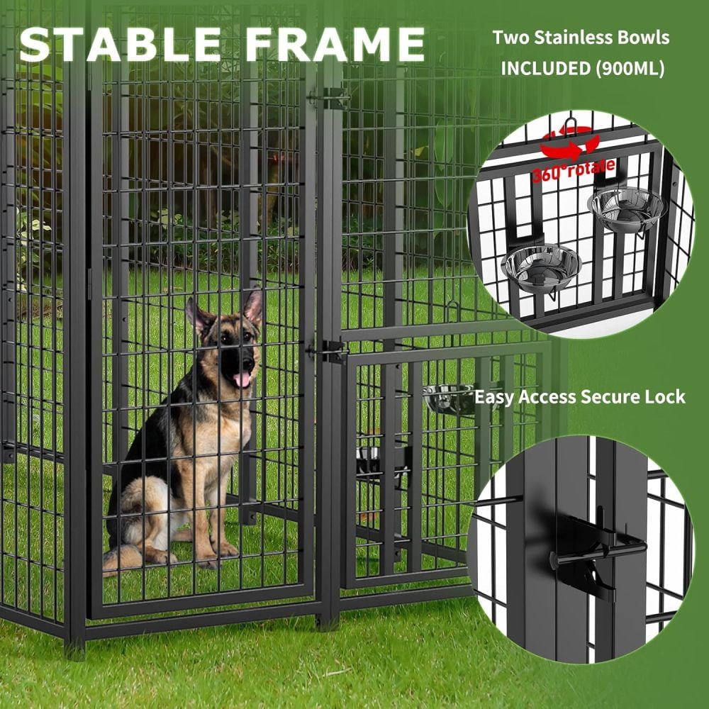 Large Outdoor Dog Kennel with Rotatable Feeder, Waterproof Roof & Raised Legs - Stainless Steel