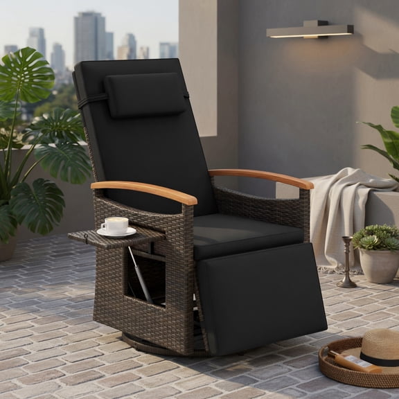 Hommoo 360° Swivel Outdoor Recliner Chair with Adjustable Backrest & Footrest, PE Rattan Patio Seating for Backyard, Porch, Poolside, Black