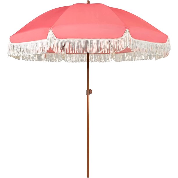7ft Patio Umbrella with Fringe Outdoor Tassel Umbrella UPF50+ Premium Steel Pole and Ribs Push