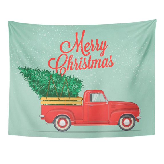 UFAEZU Red Old Merry Christmas and Happy New Year Retro Pickup Truck Tree Vintage Styled Green Sign Wall Art Hanging Tapestry Home Decor for Living Room Bedroom Dorm 60x80 inch