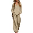 thumbnail image 2 of Linen Two Piece Sets for Women V Neck Zipper Matching Sets Loungewear Fall Travel Outfits Fashion 2026 ,2XL, 2 of 7