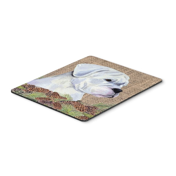"White Boxer on Faux Burlap with Pine Cones Mouse Pad Hot Pad or Trivet"