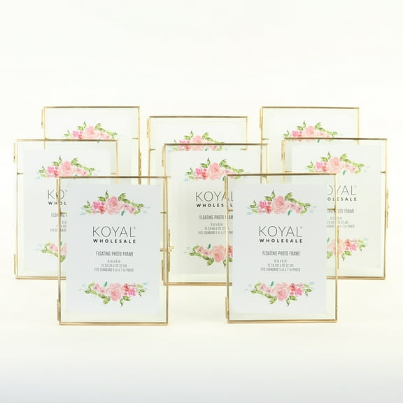 Koyal Wholesale Gold Pressed Glass Floating Photo Frames 6 x 9 Inch,  8−Pack with Stands, Horizontal / Vertical Pictures