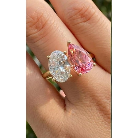 Jewelerix Unique Two-Stone Oval Shape Wedding Ring, Elegant Pink Pear Gemstone Bridal Jewelry 10K Yellow Gold Vermeil Engagement Toi Et Moi Ring