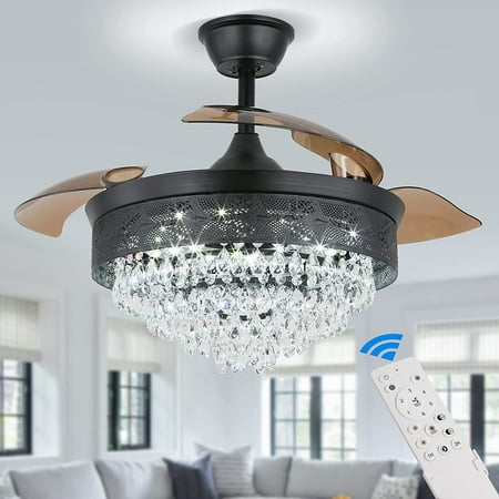 

42” Modern Crystal Ceiling Fan Lights with Remote Control Black LED Dimmable Fandeliers Retractable Invisible Chandelier Ceiling Fan for Bedroom Living Room