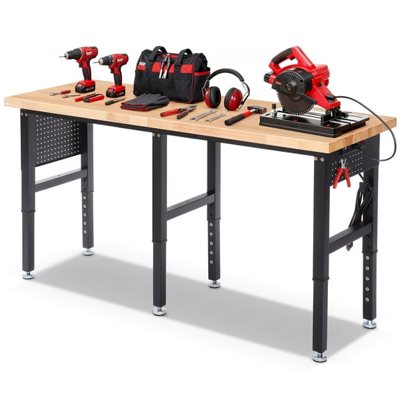 Workbench for Garage,ENJOYWOOD Heavy Duty 72 inch Wood Work Bench with Power Outlets and Peoboards,Rubber Wood Tabletop,5000 LBS Load Bearing Workstation Garage Desk Work Table