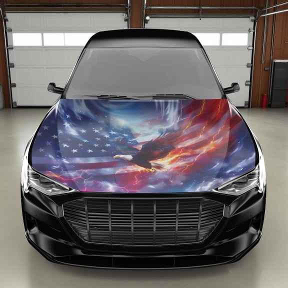 USA Flag Eagle Car Hood Sticker Cool Lightning Design Auto Hood Flag 4Th Of July Patriotic Decorations Waterproof Sunproof Automotive Exterior Accessories, Car Customization, Holiday Decorations, Hig