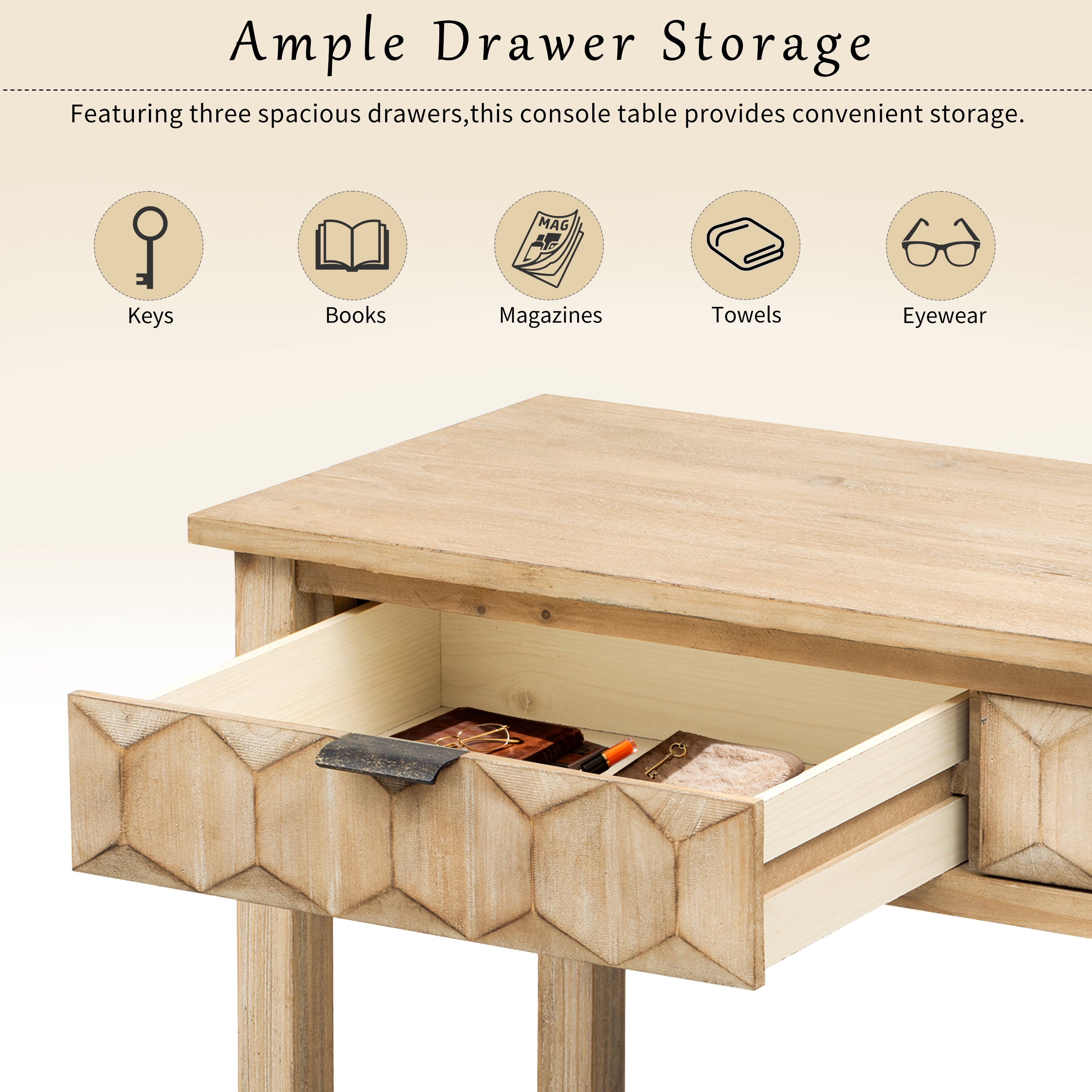 58.3" Fir Veneer Entryway Table with Honeycomb-patterned Fronts,Modern Stylish Console Table with 3 Drawers and Solid Fir legs,Suitable for Living Room,Entryway, Hallway, Study, Foyer