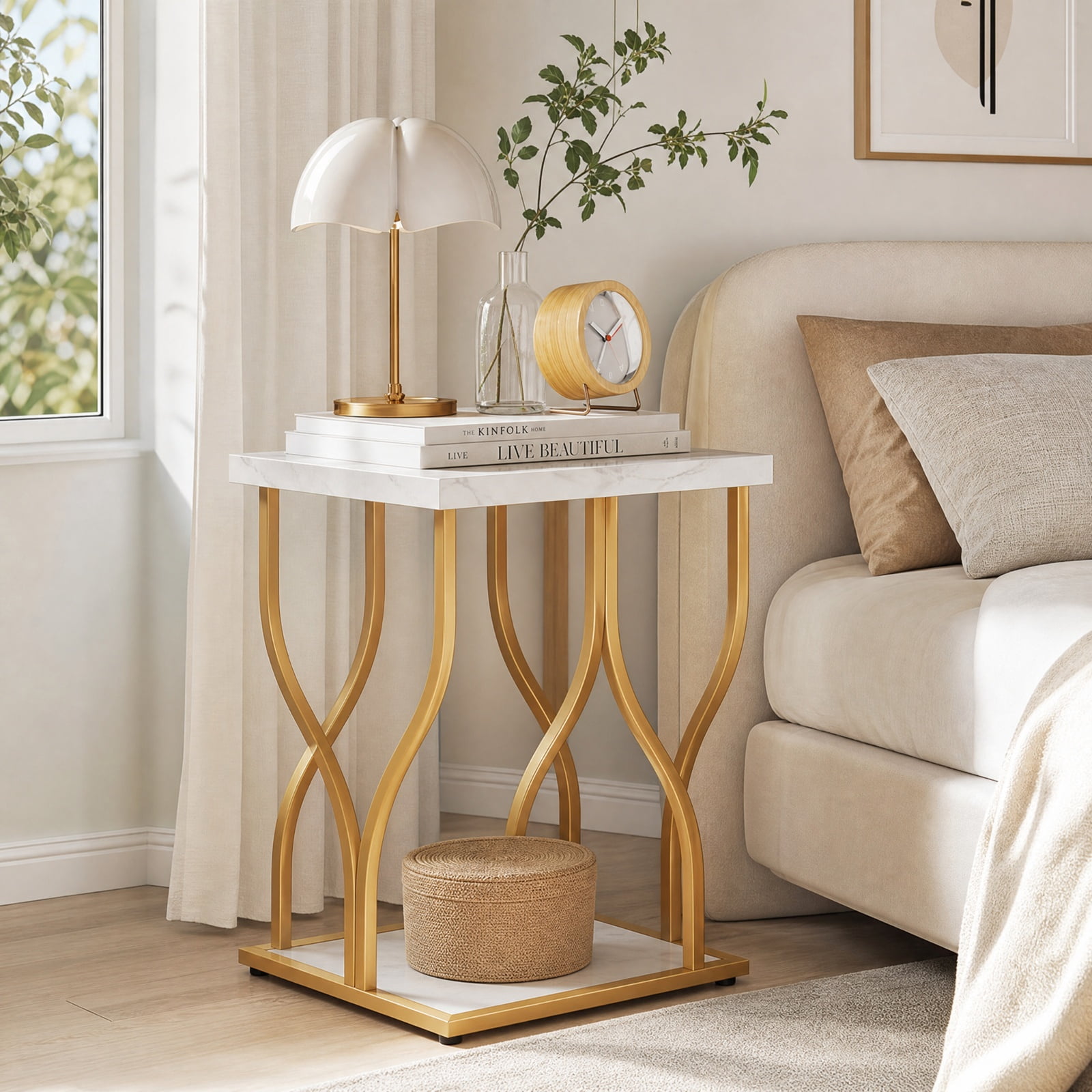Furnibear Faux Marble Bedside Night Stand with Petal-Inspired Metal Frame for Bedroom Living Room Bedside Sofa Side Small Space, White