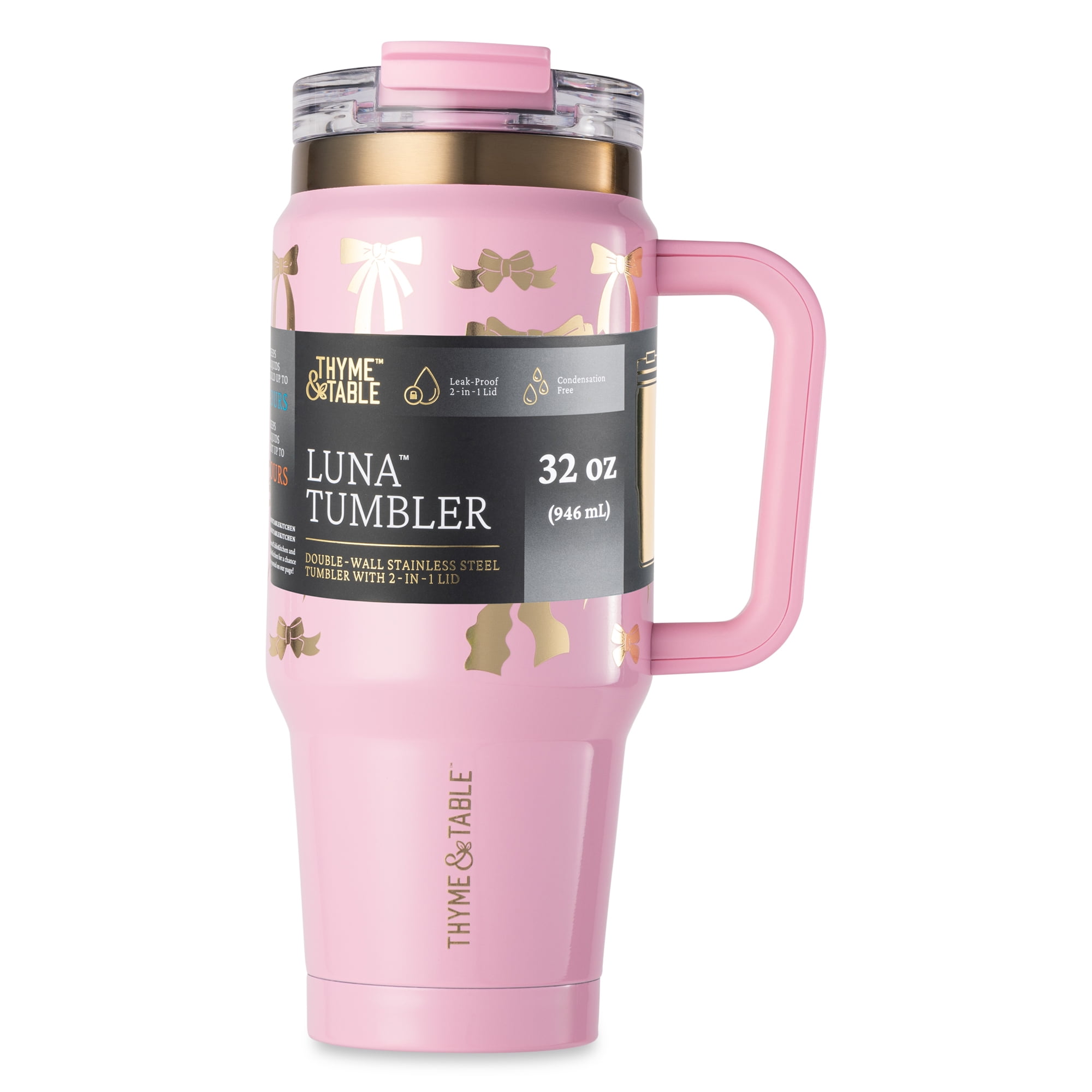 Thyme & Table 32 fl oz Stainless Steel Luna Tumbler with Handle and Dual Straw Lid, Pink & Gold Bows