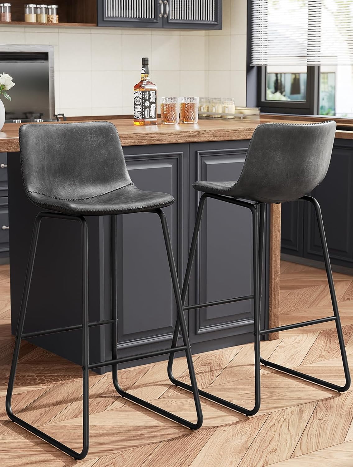 GIKPAL Bar Stools 30" Faux Leather Counter Height Barstools with Back Set of 6, Modern Counter Stools with Metal Legs and Footrest, Armless Chairs with Back for Kitchen Living Room Pub,Gray