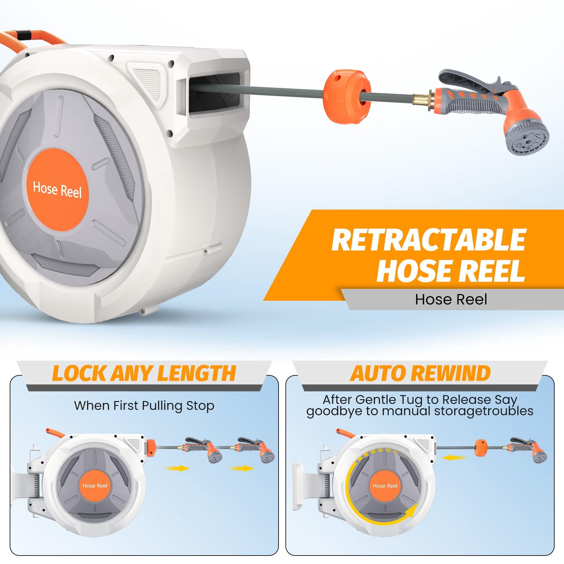 Retractable Garden Hose Reel, with 9 Patterns Nozzle, Any Length Lock, Upgraded Slow Return System and 180°Swivel Bracket, 5/8 Inch x 65 ft Wall Mounted