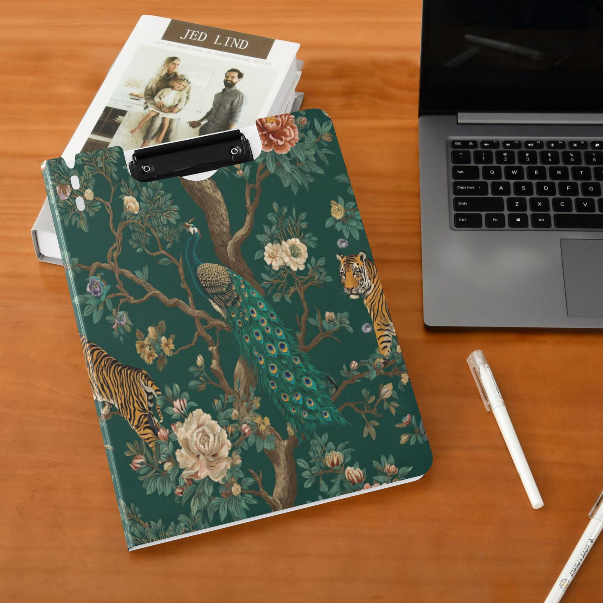 FORMRS A4 Clipboard Folder with Pen Holder Horizontal Foldable School Office Binder, Tiger and Peacock Pattern