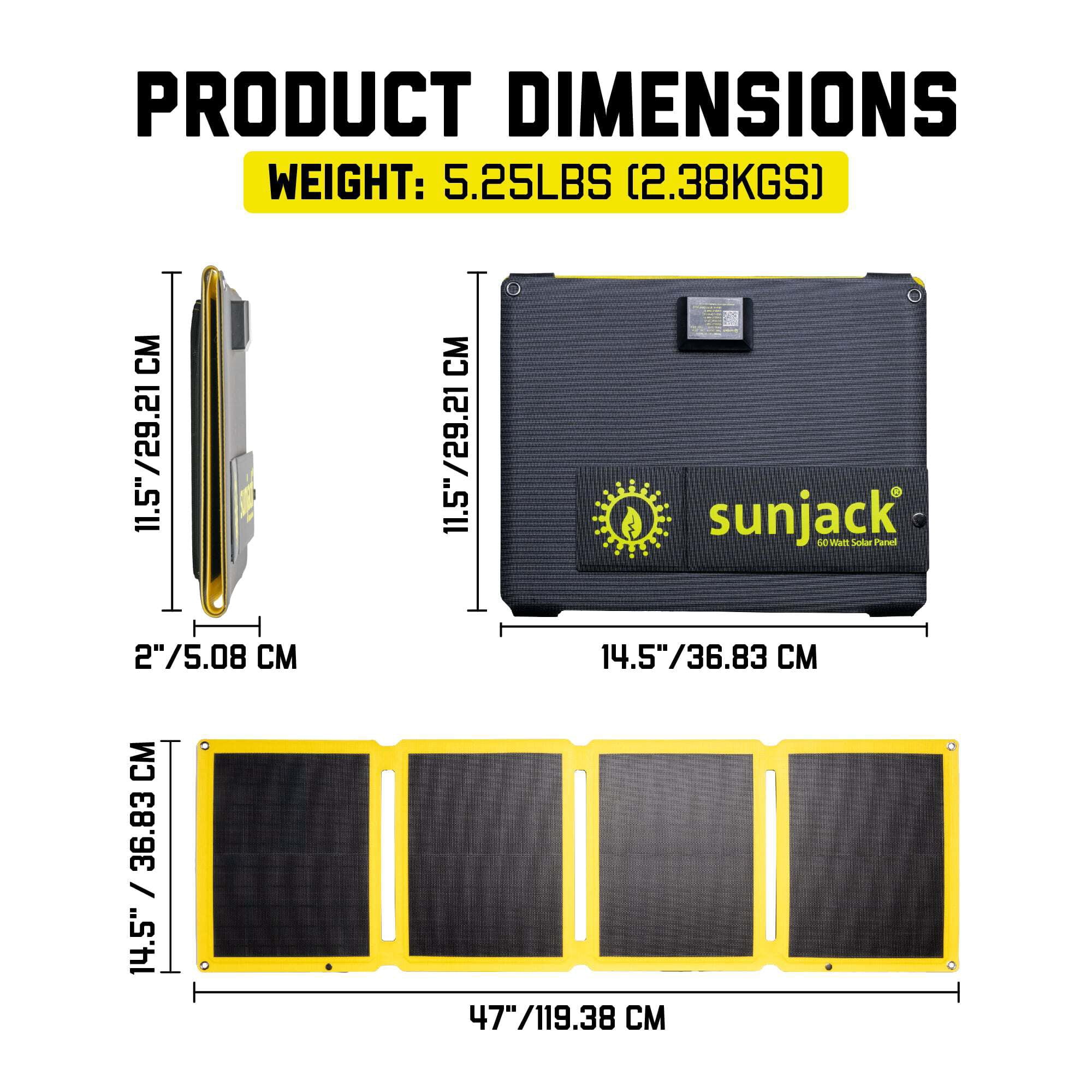 SunJack 60 Watt Portable Solar Panel with DC and USB for Cell Phones, Laptops, and Power Stations