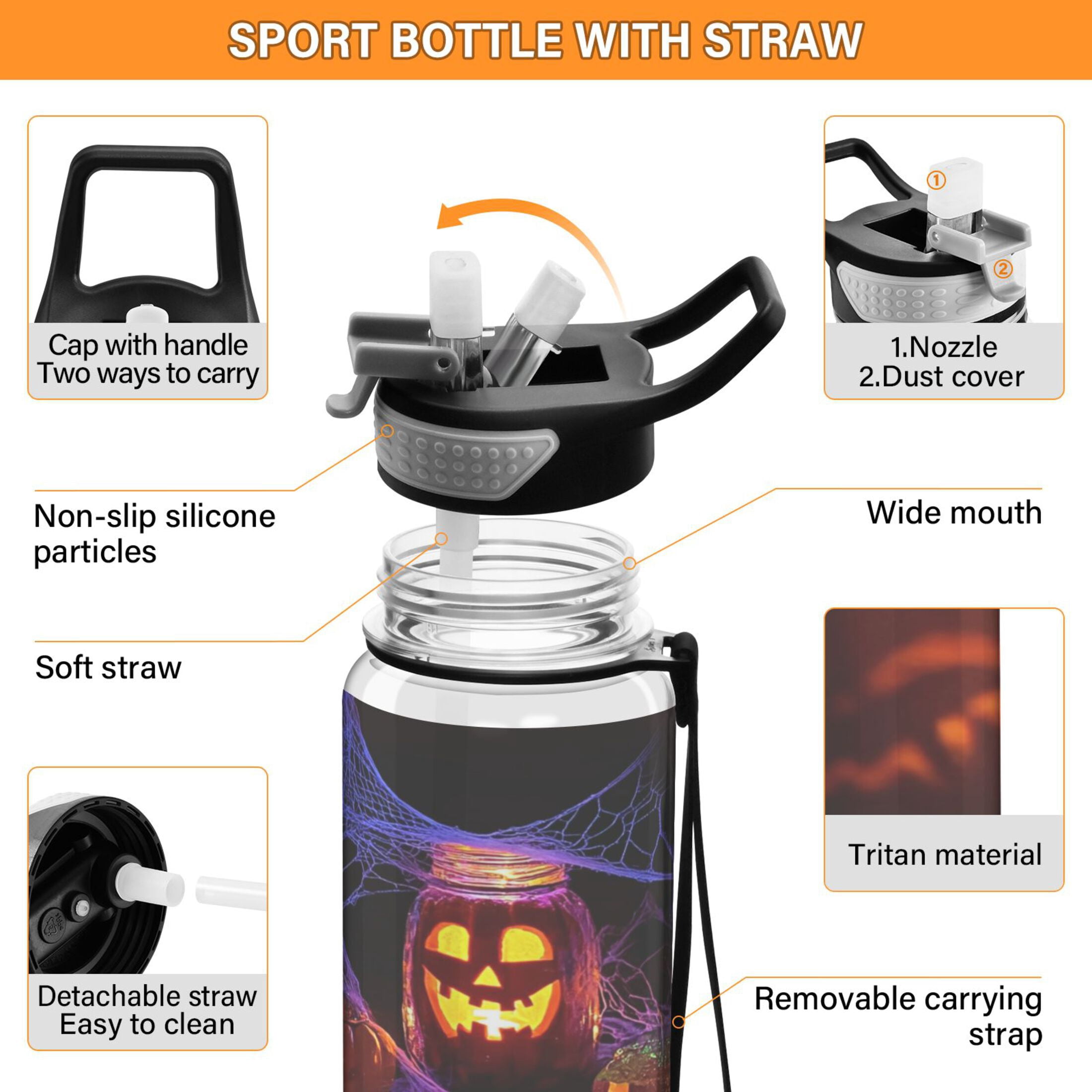 32oz Transparent Sports Water Bottle with Straw for Kids Adults Outdoor School Gym Fitness Glass Jars with Carved Faces