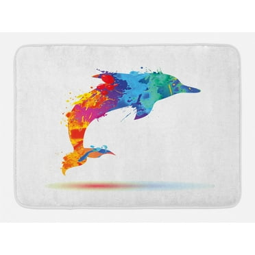 Dolphin Bath Mat, Multicolored Animal Design Watercolor Pattern Vibrant Ocean Mammal Image Print, Non-Slip Plush Mat Bathroom Kitchen Laundry Room Decor, 29.5 X 17.5 Inches, Multicolor, Ambesonne