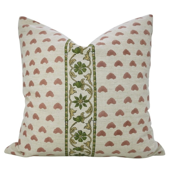 Fabdivine “Priya” Pink Block Print Cushion Cover – Handmade Floral Pillow in Linen Blend for Boho & Farmhouse Decor