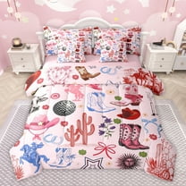 Feelyou Girly Pink Cactus Twin Bedding Sets 7-Piece, Kawaii Cowgirl Boot Hat Bedding Comforter Set, Western Princess Style Reversible Sheet Sets, Luxury Bedroom Decor