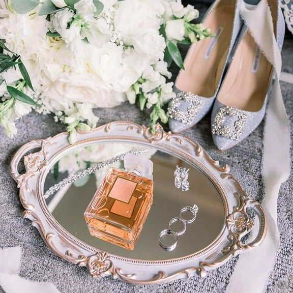 STONCEL Decorative Mirror Tray, Vintage Oval Display Tray for Perfume, Makeup, Jewelry, Cosmetic Tray, Serving Tray for Dressing Room, Bedroom, Living Room,Grey Gold