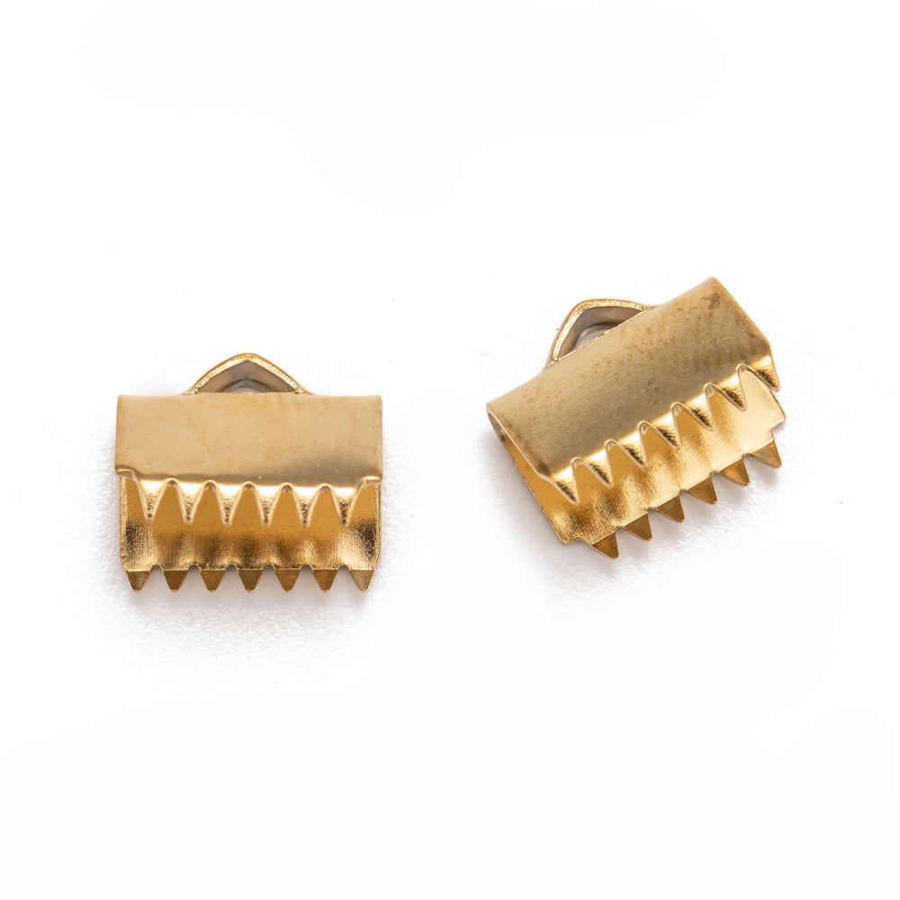 200pcs Ion Plating(IP) 304 Stainless Steel Ribbon Crimp Ends Golden 9.5x10.5mm Hole: 1.5x3mm