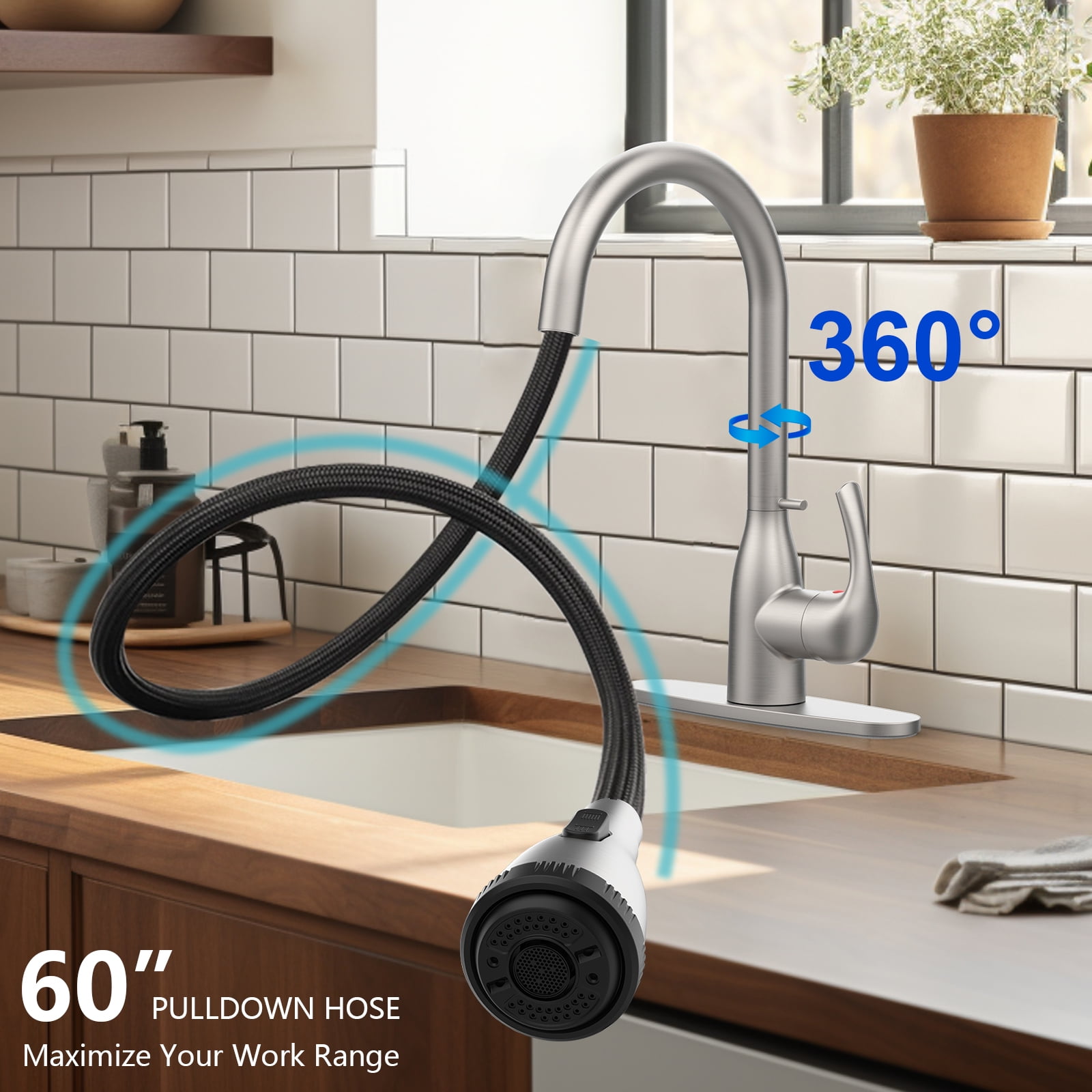 Kitchen Faucet with Pull Down Sprayer and 4 Spraying Modes Brushed Nickel Commercial 1 or 3 Hole Kitchen Faucets with Locking Buckle for Farmhouse Rv Bar Sinks