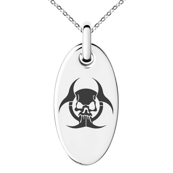 Stainless Steel Zombie Skull Biohazard Engraved Small Oval Charm Pendant Necklace