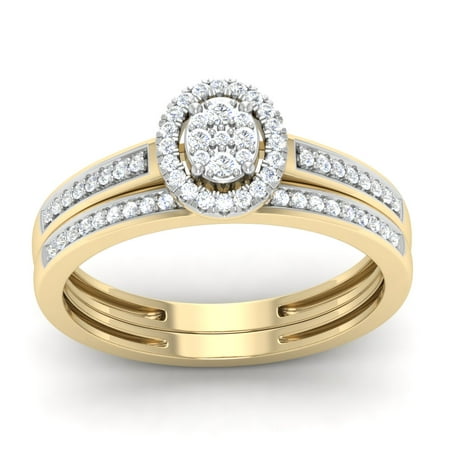 10K Yellow Gold 1/4Ct Round Cut Diamond Double Halo Engagement Ring Set
