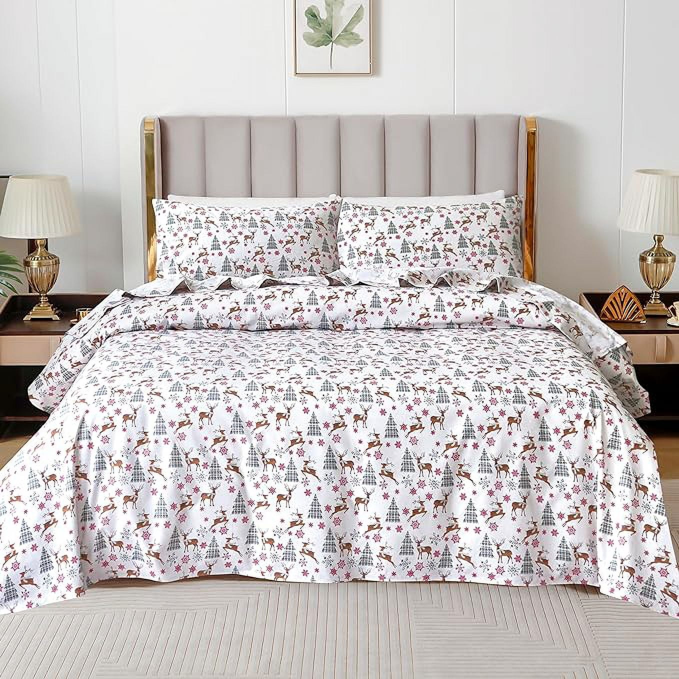 Elegant Comfort - 4 PIECE Holiday Christmas Flannel Cotton Sheet Set, Deep Pocket Fitted - Queen, Plaid Deer