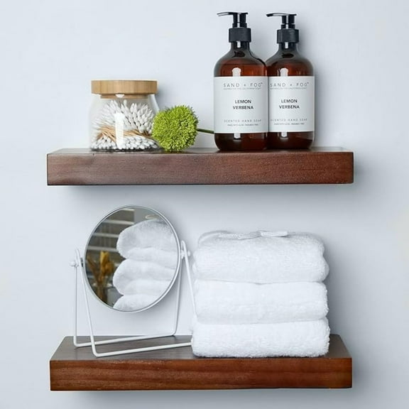 Rustic Farmhouse Floating Shelves - Bathroom Wooden Shelves for Wall Mounted - Thick Industrial Kitchen Wood Shelf - 16 x 6.5 x 1.75 inch - Set of 2 - American Walnut Color