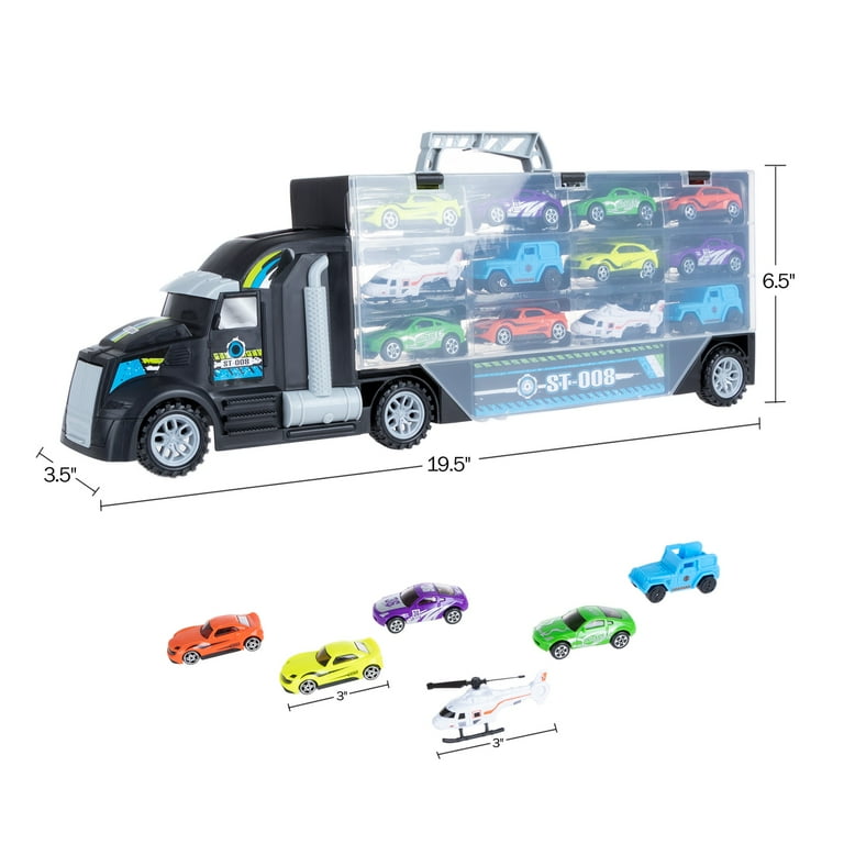 Hey Play Car Carrier Semi-Truck Toy with 10 Cars and Helicopters