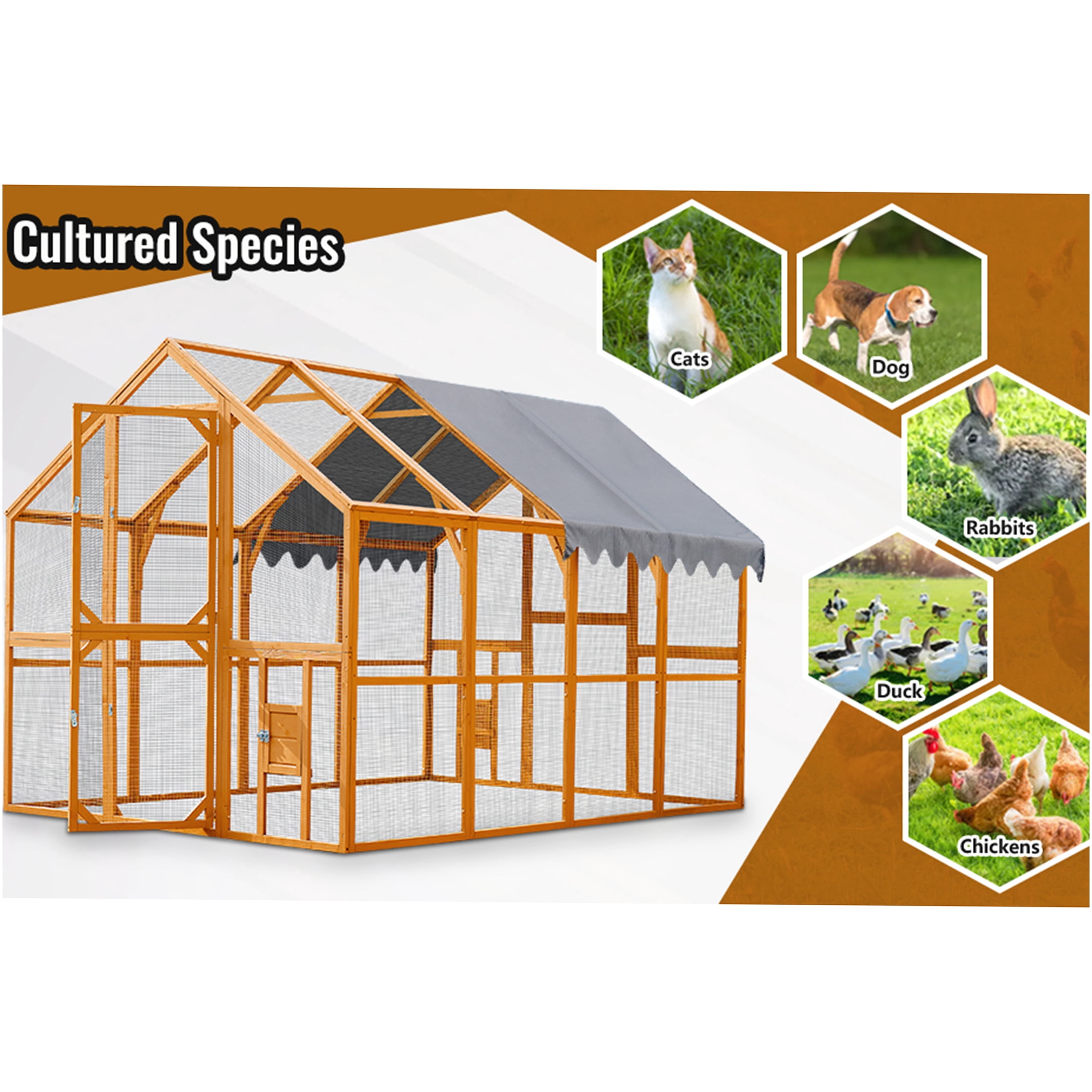 JERFIT 110" Large Outdoor Wooden Chicken Coop with Waterproof Roof, Yellow Cat Enclosure Playpen for Cats and Small Pets