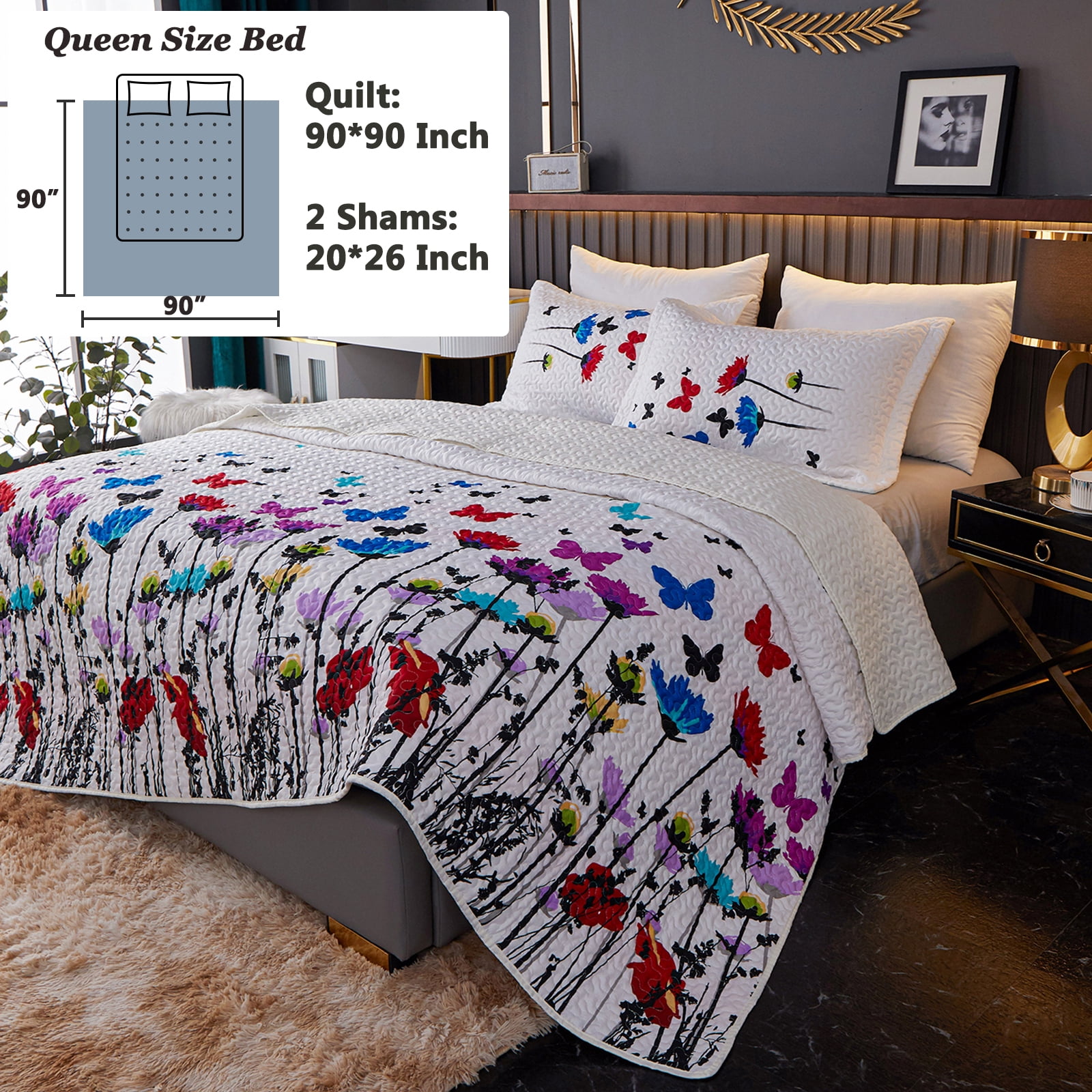 Floral Bedspread for Queen Beds  Includes Bedspread and Shams (White)