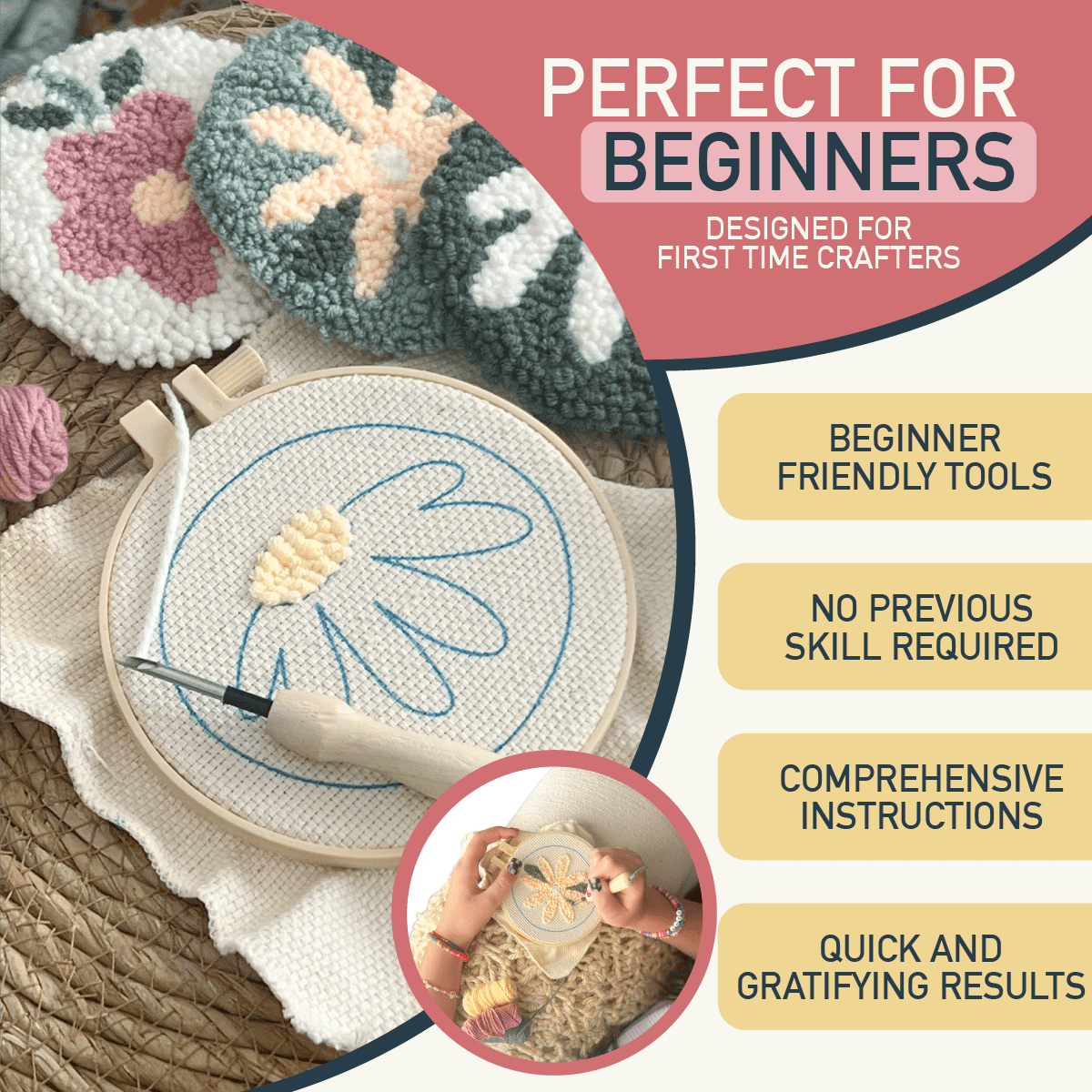 Emri Lane Floral Punch Needle Kit for Beginners Includes Embroidery Hoop, Punch Needle Tools Yarn and Monk Cloth DIY Craft Set of 6
