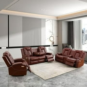 PonLiving Leather Power Recliner Sofa Set LED Lights USB Chargers Burgundy Leather Living Room Furniture Set SOFA+LOVESEAT+CHAIR