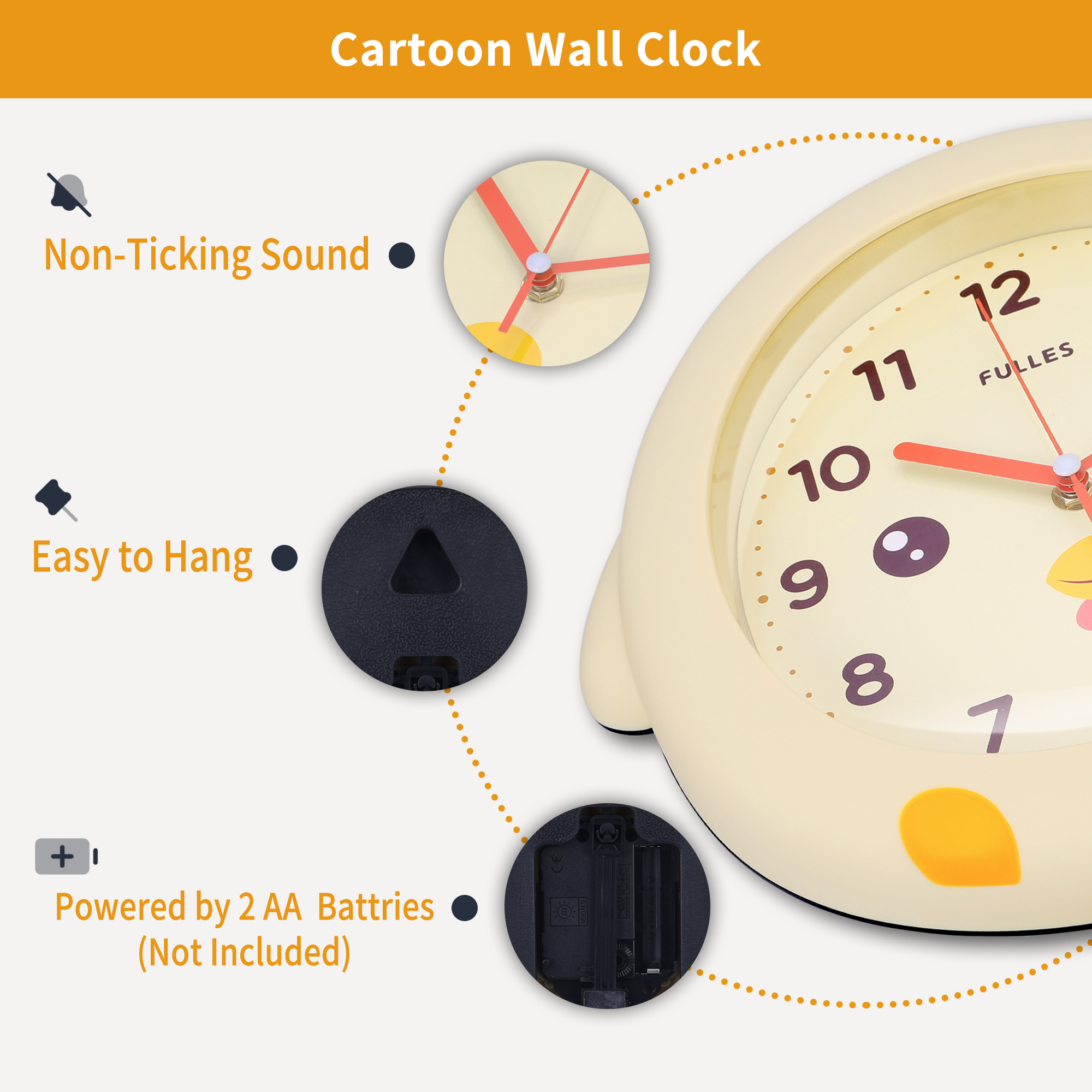 Unique Bargains 1pc Duck Cartoon Silent Non Ticking Wall Clock 15" x 12" x 2" Light Yellow