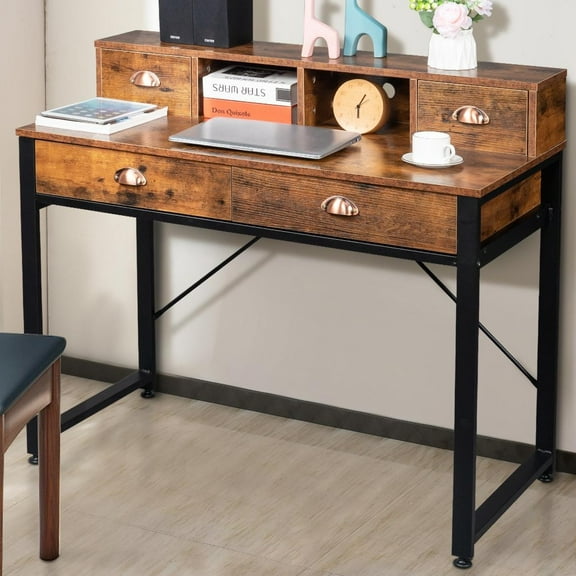 Ktaxon Computer Desk 41" for Home Office, Study Writing Work Desk with Storage Drawers Small Table, Modern Simple Style, Rustic Brown