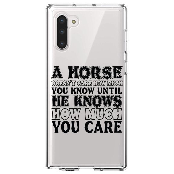 DistinctInk Clear Shockproof Hybrid Case for Samsung Galaxy Note 10 (6.3" Screen) - TPU Bumper Acrylic Back Tempered Glass Screen Protector - Horse Doesn't Care How Much You Know