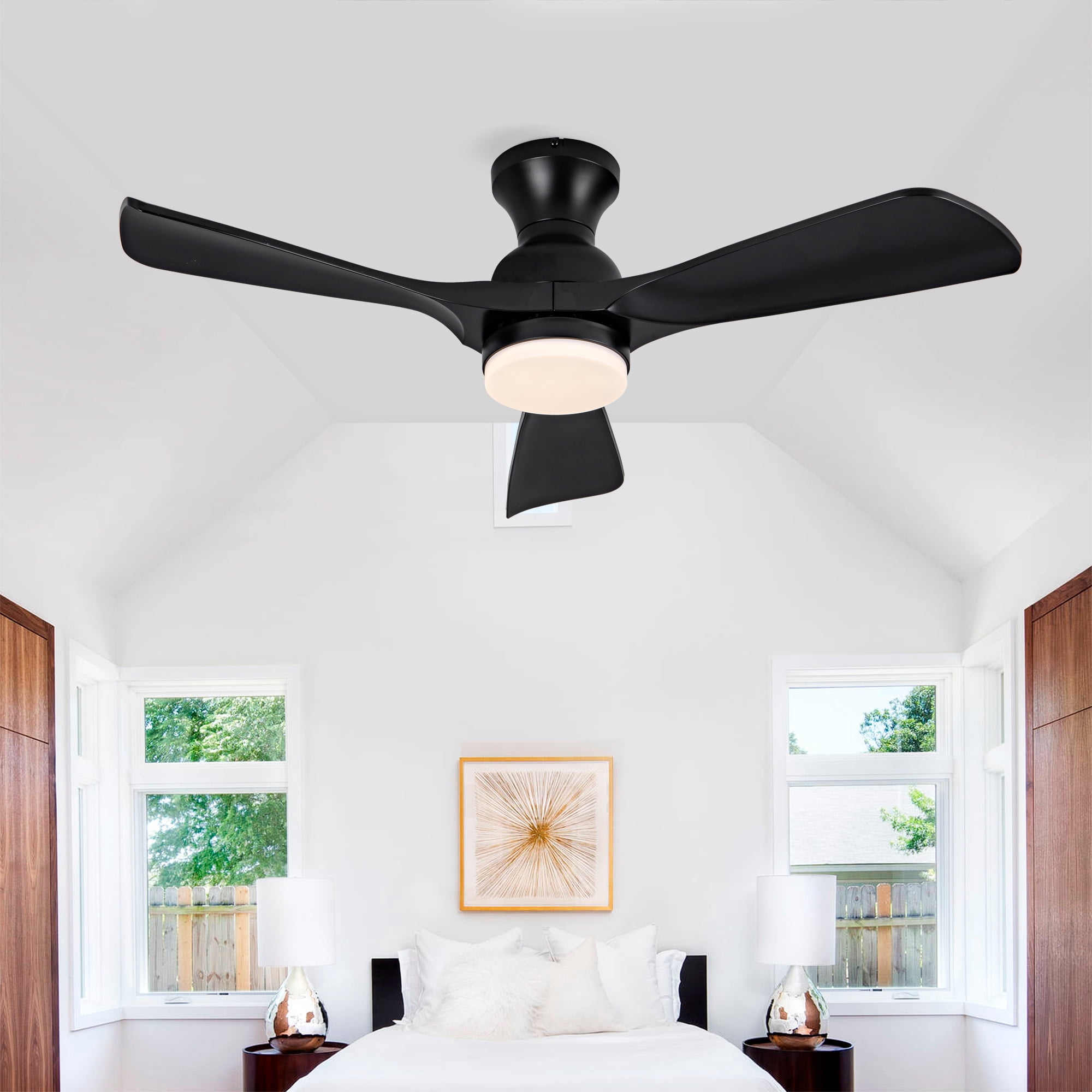 Ceiling Fan with Lights, 42 Inch Flush Mount Remote Control ABS Blades Indoor Ceiling Fan for Bedroom Living Room, Black