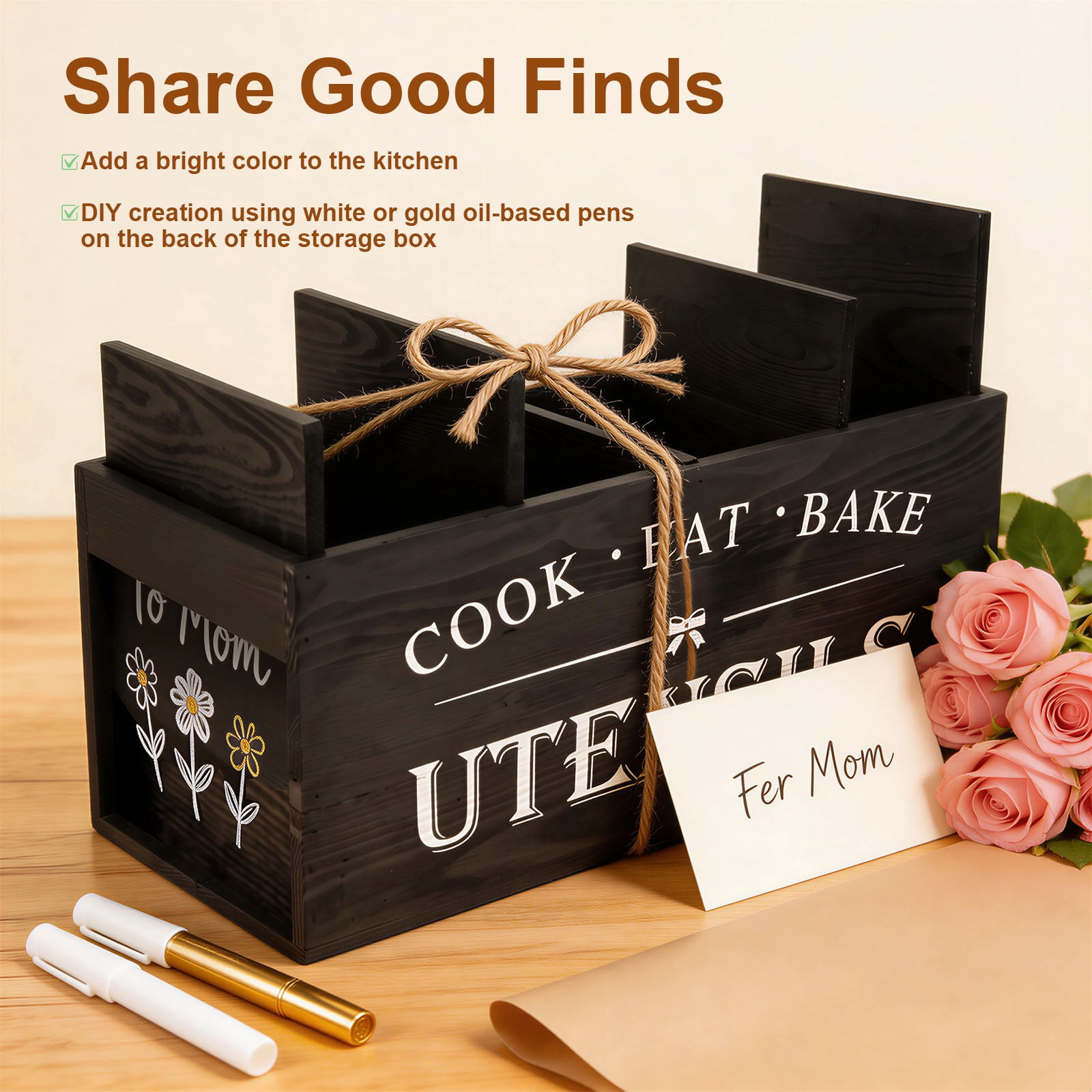FUYGRCJ Detachable Wooden Utensil Holder, 15.6 x 7 x 5.8inch Extra Large Utensil Organizer with 4 Compartments, Kitchen Cooking Utensil Caddy, Acacia Wood Silverware Storage Container for Countertop